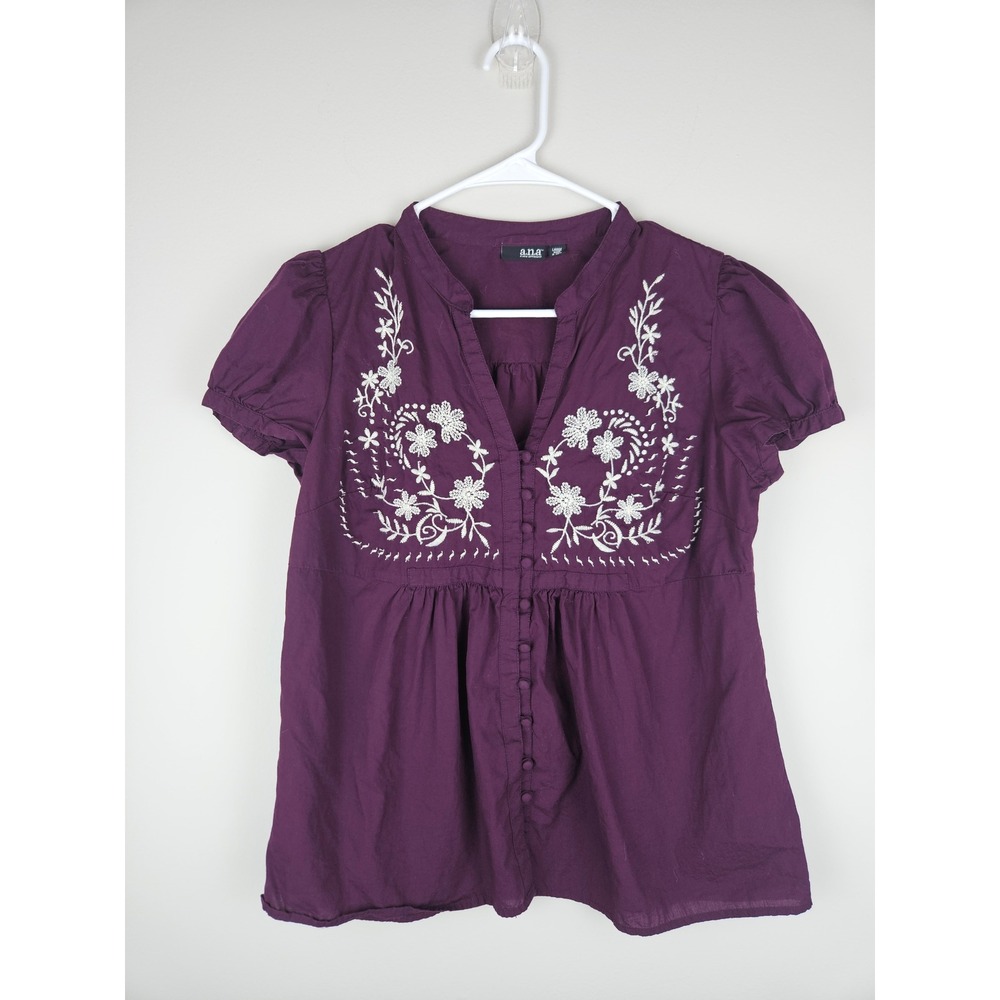 a.n.a Purple Embroidered Short Sleeve Peasant Blouse